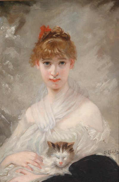 Ragazza con panno bianco e gatto in braccio da Charles Joshua Chaplin